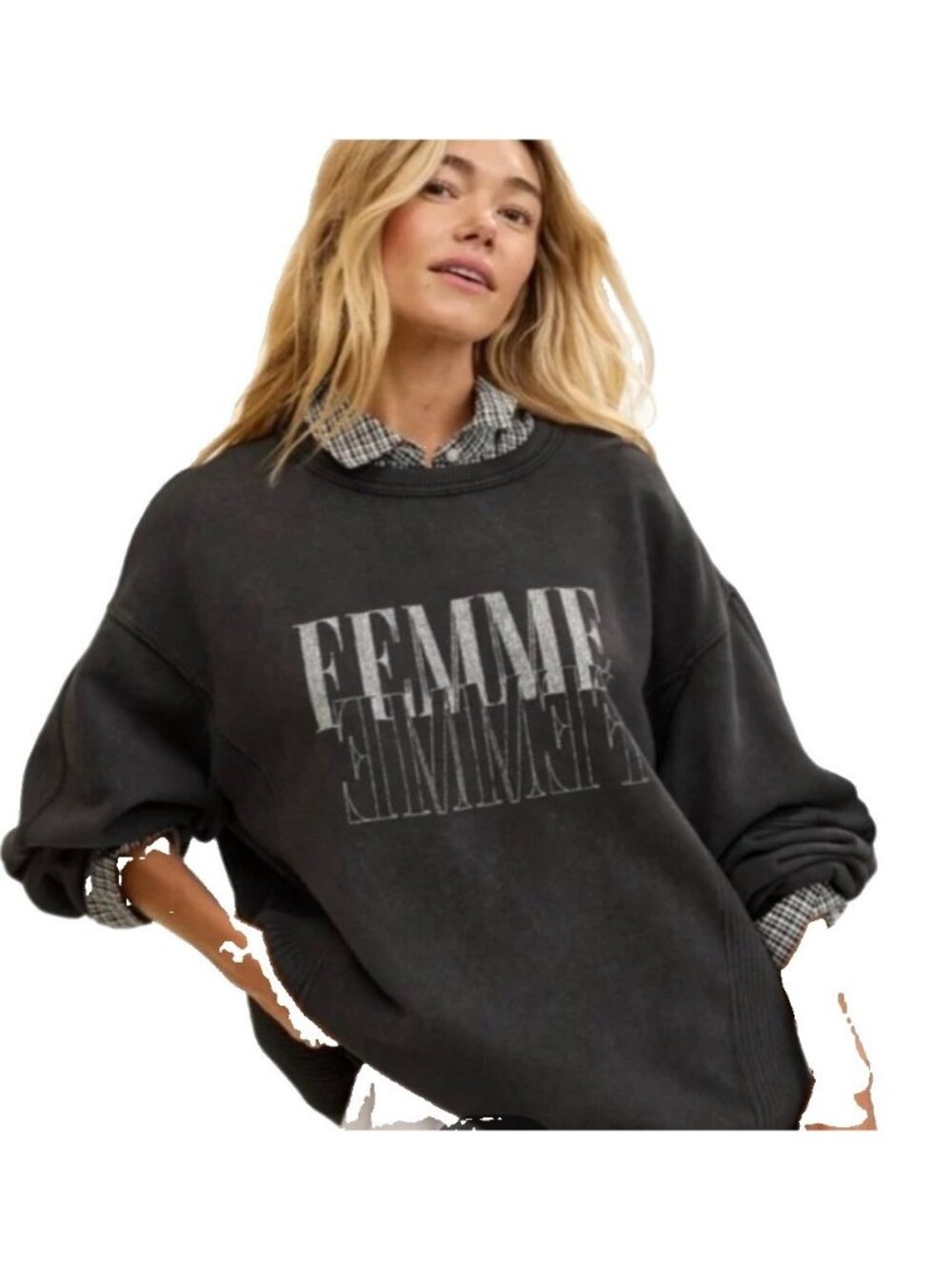 Aerie Sweatshirt Women’s Small Oversized Femme Graphic Acid Wash Black
